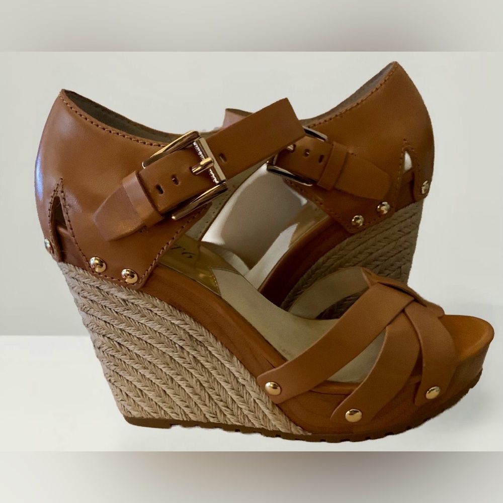 Michael Kors Somerly Womens Peanut Leather Open Toe Wedge Sandals sz 7.5 NWT